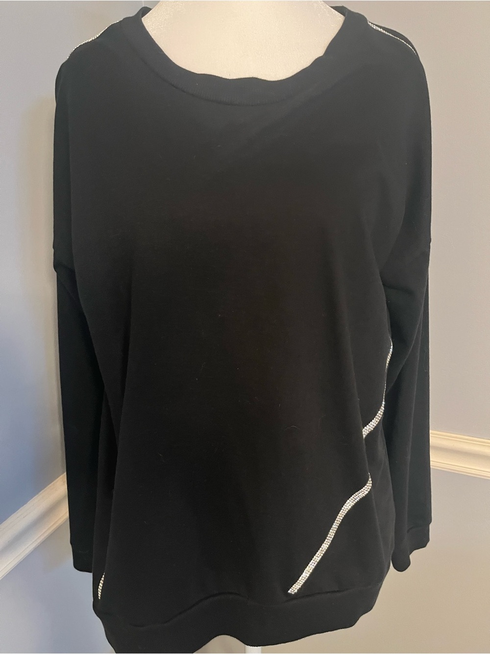 Black Crewneck Sweatshirt with Rhinestone Accent
